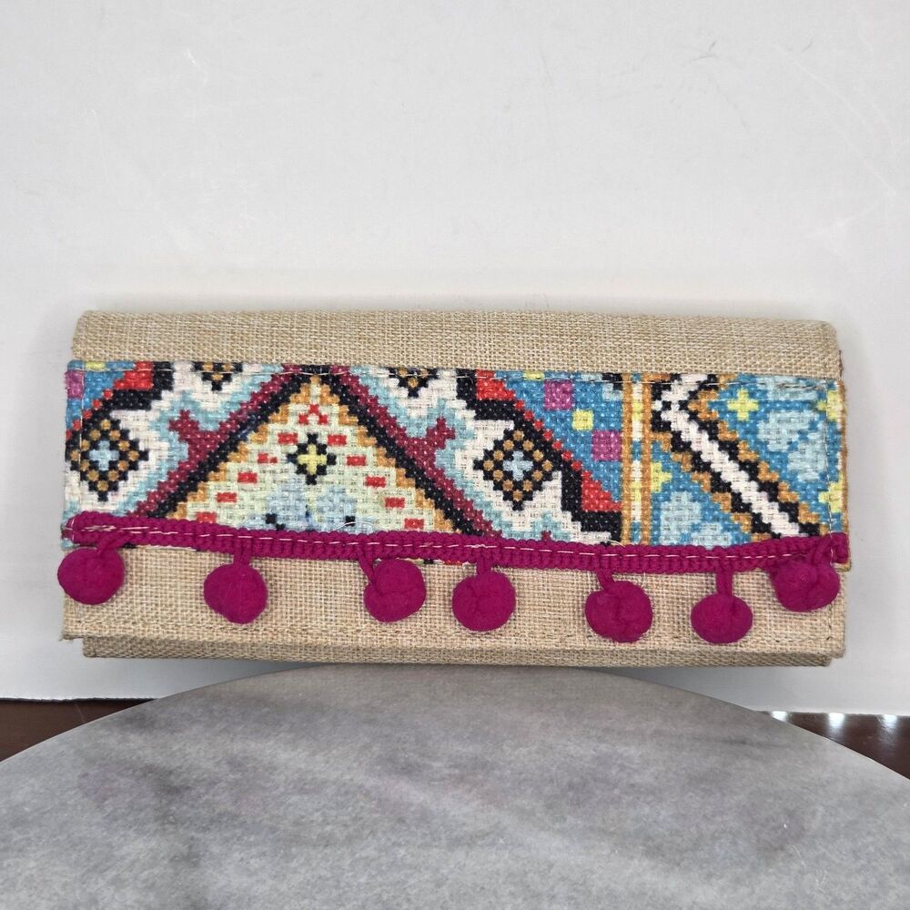 Boho Colorful Embroidered Wallet Clutch Womens Beige Pom Pom Trim Festival